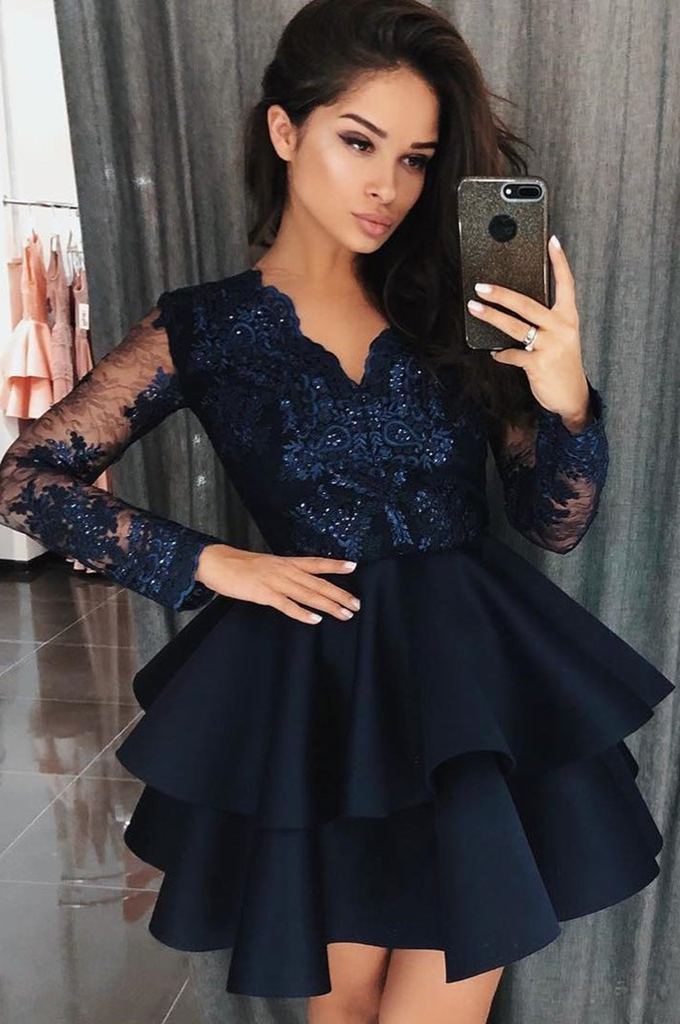 Fashion Cocktailkleider Mit Ärmel | Mini Abendkleider Kurz Spitze
