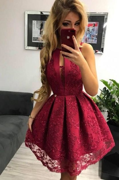 Elegante Rote Abendkleider Kurz | Cocktailkleider Abiballkleider Spitze Online