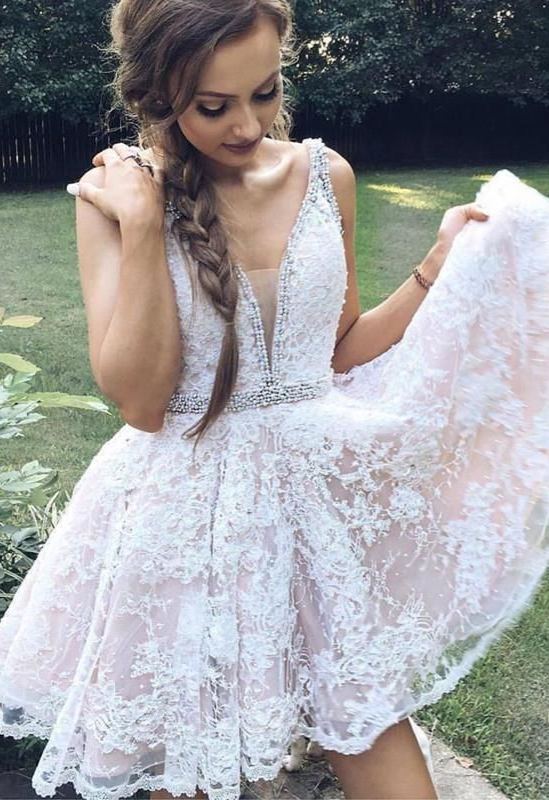 Günstige Cocktailkleider Kurz Spitze Weiße Mini Abendkleider Abiballkleider Online-babyonlinedressde