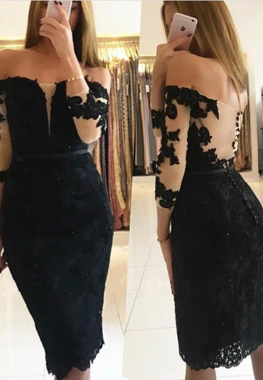Elegante Schwarz Abiballkleider Kurz Spitze Cocktailkleider Mit Ärmel