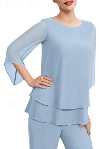 2 Teilige Himmel Blaue Chiffon Mutterkleider Lang Hosenanzug Brautmutter Online-babyonlinedressde