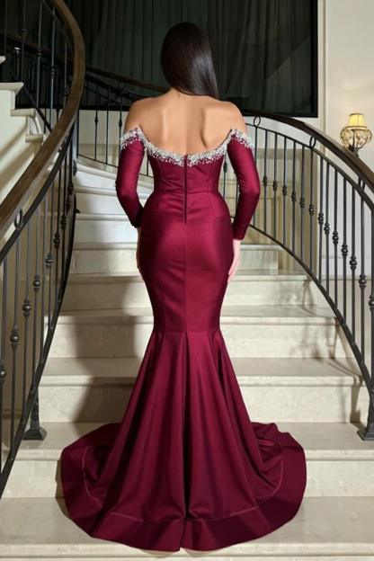 Sexy Abendkleider Lang Weinrot | Abiballkleider mit Ärmel