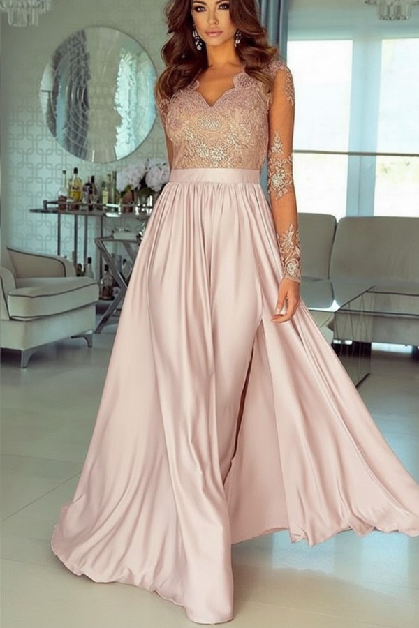 Champagne Abendkleider Lang Mit Ärmel Spitze Abendmoden Günstig