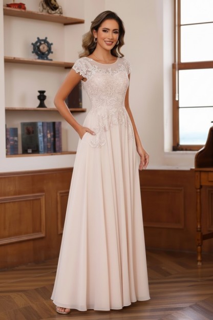 Dusty Blaue Brautmutterkleider Lang Chiffon Partykleid mit Spitze