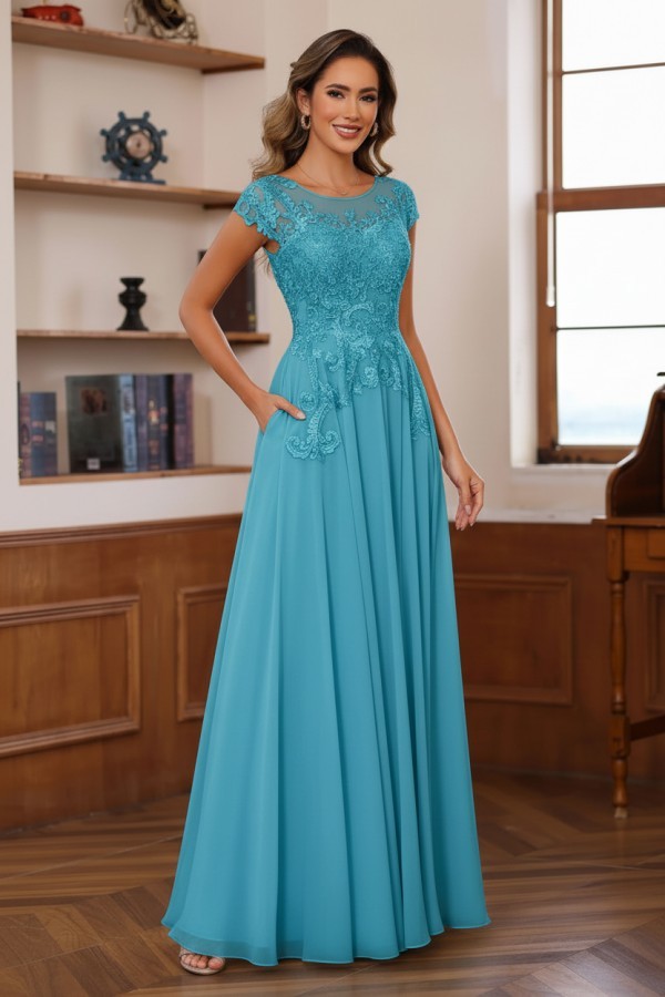 Dusty Blaue Brautmutterkleider Lang Chiffon Partykleid mit Spitze