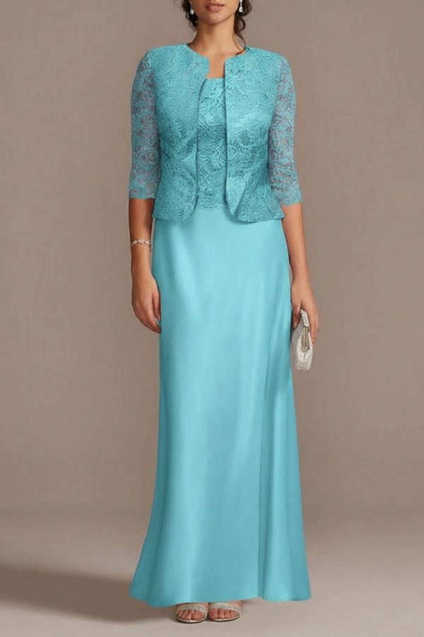 Blaue Brautmutterkleider Lang Günstig | Brautmutterkleid mit Spitze Jacke