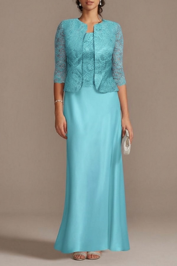 Blaue Brautmutterkleider Lang Günstig | Brautmutterkleid mit Spitze Jacke