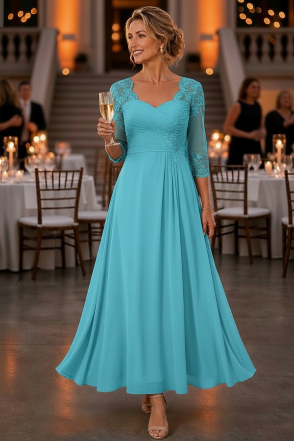 Dusty Blaue Brautmutterkleider Ankel Lang Chiffon Partykleid mit Spitze