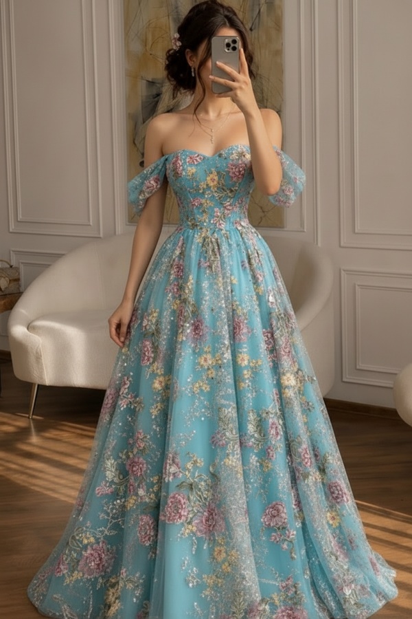 Schöne Abendkleider Lang Glitzer Ballkleider mit Blumen