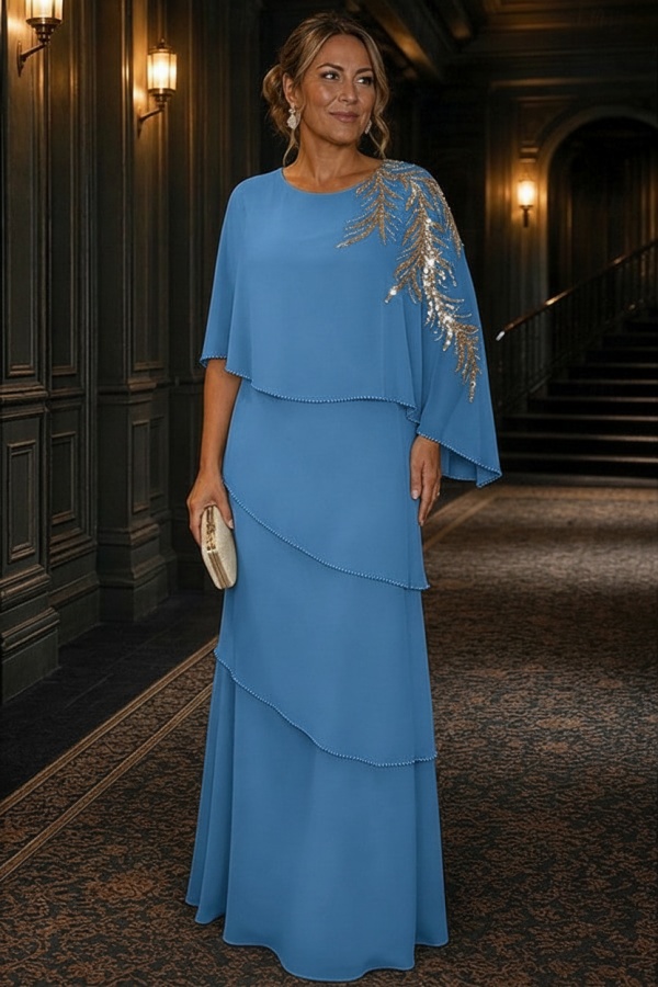 Champagner Brautmutterkleider Lang Chiffon Hochzeitsparty Kleider Glitzer