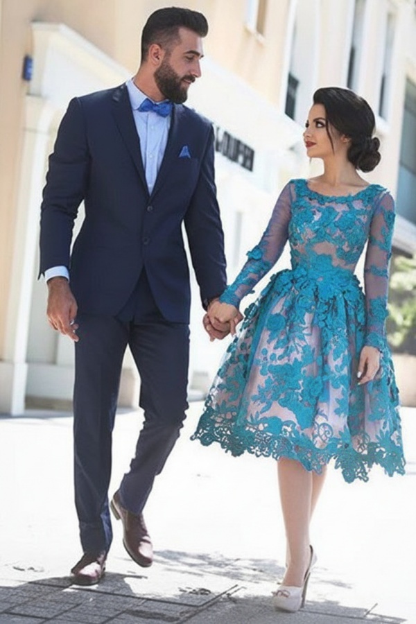 Royal Blau Kurze Cocktailkleider Lang Ärmel Spitze Abendkleider Partykleider