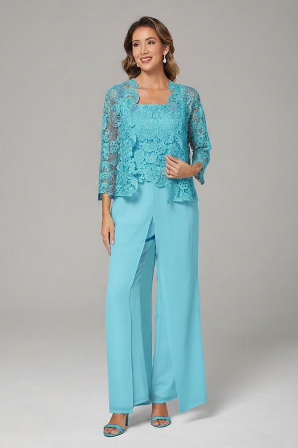 Himmel Blaue Chiffon Mutterkleider mit Jacket | 3 Teilen Brautmutter Hosenanzuge