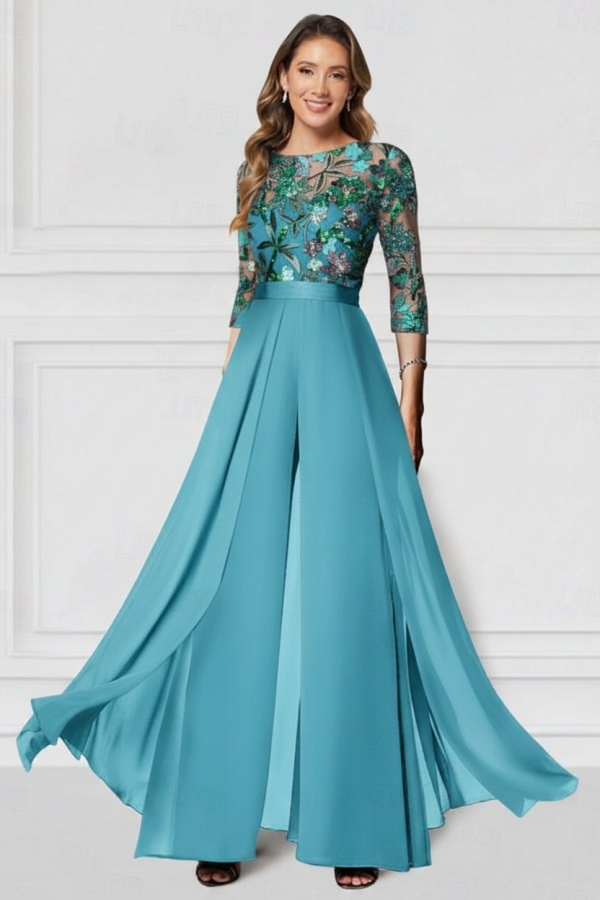 Festliche Hosenanzüge Lang Glitzer | Chiffon Schwarz Brautmutterkleider mit Ärmel