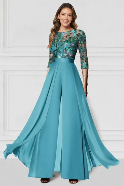 Festliche Hosenanzüge Lang Glitzer | Chiffon Schwarz Brautmutterkleider mit Ärmel