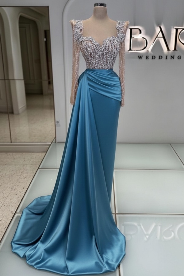 Extravagante Abendkleider Lang Purpur | Abiballkleider mit Glitzer armel | Babyonlinedress.de