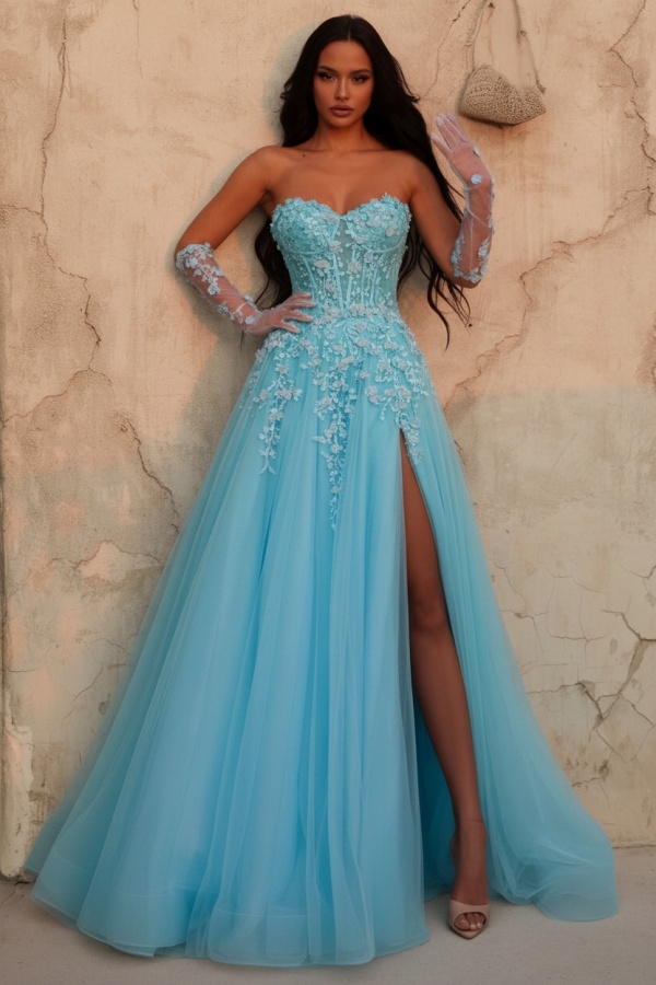 Himmel Blaues Abendkleid Lang Spitze Ballkleid Abendmoden Online