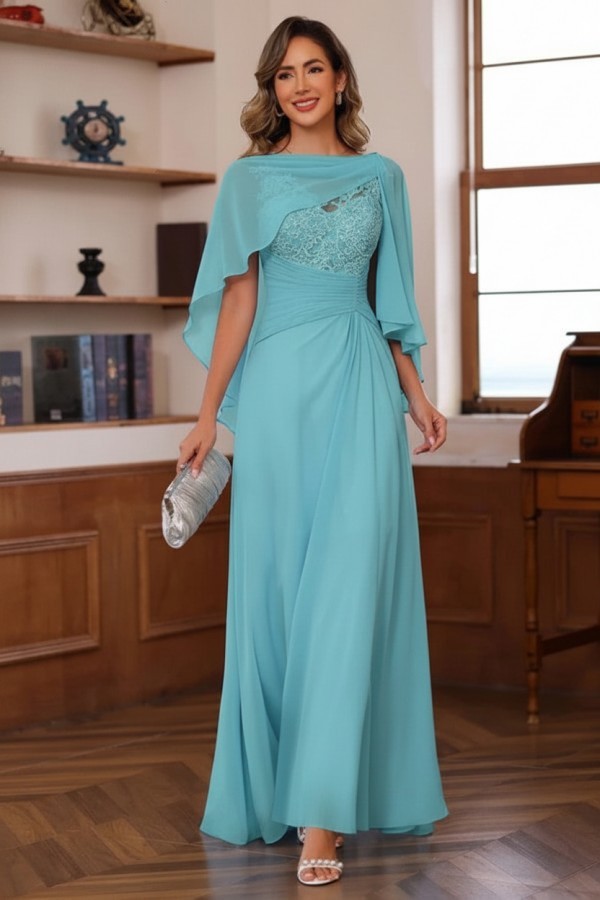 Designer Chiffon Brautmutterkleider Lang Blau Festliche Kleider Hochzeitsparty