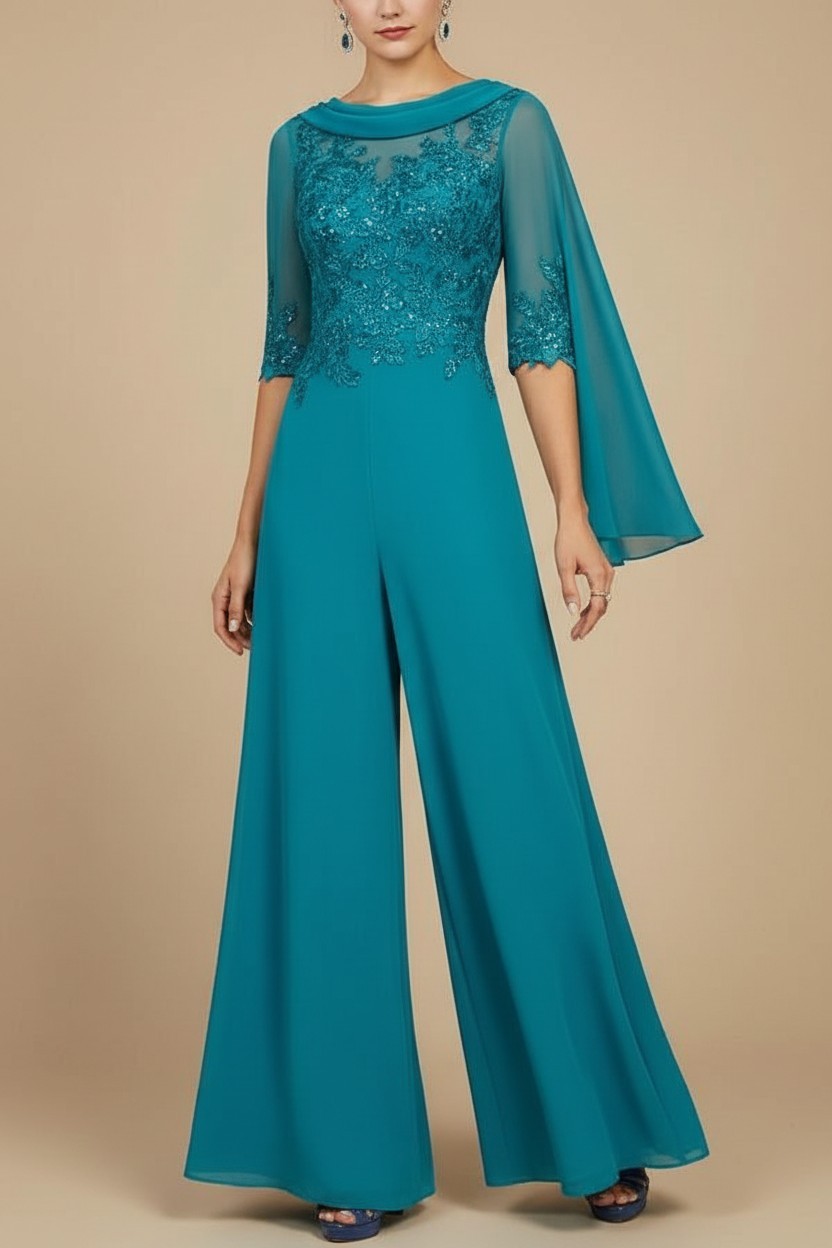 Navy Blau Jumpsuit Hosenanzüge Lang Chiffon Brautmutterkleider mit Ärmel