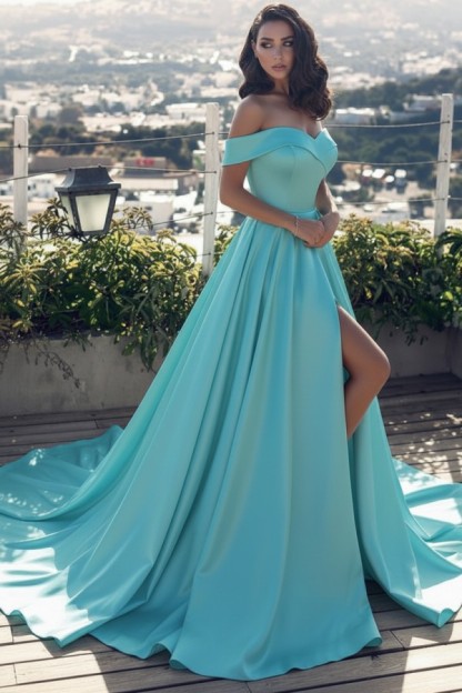 Fashion Blau Abendkleider Lang Günstig Schulterfrei Abendmoden Partykleider