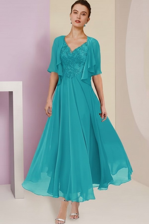 Elegant Rosa Brautmutterkleider Chiffon | Mutterkleider mit V-Ausschnitt