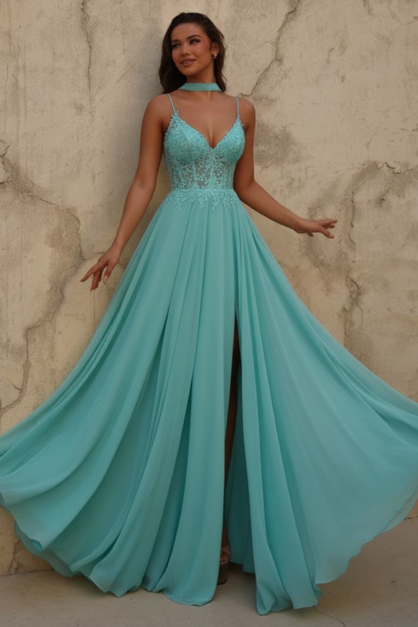 Neue Chiffon Ballkleid Lang Gelb Abendkleider mit Spitze