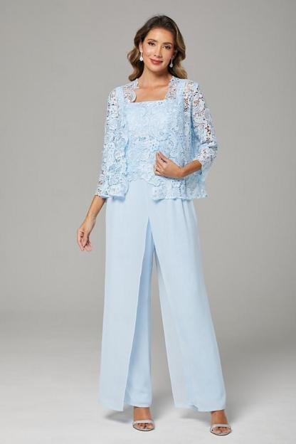 Himmel Blaue Chiffon Mutterkleider mit Jacket | 3 Teilen Brautmutter Hosenanzuge-babyonlinedressde