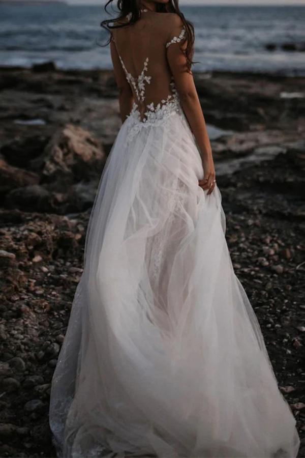 Boho Hochzeitskleider Strand A Linie Brautkleider Spitze Günstig