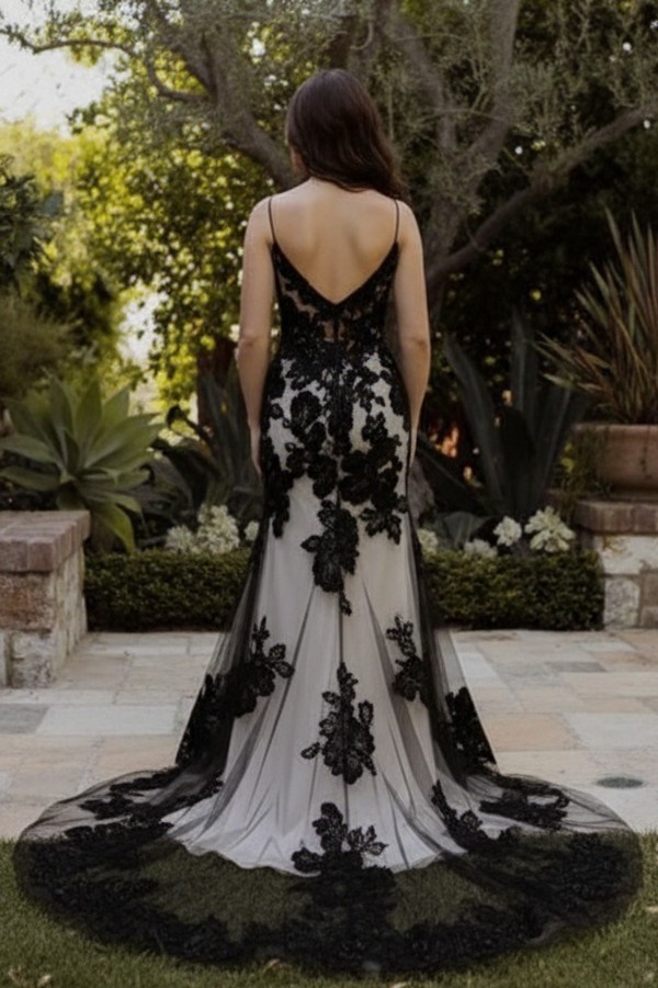 Schlichtes Brautkleid Schwarz | Hochzeitskleider Meerjungfrau Spitze