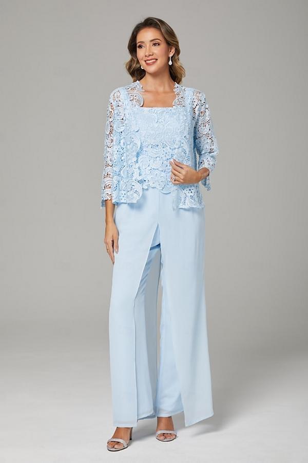 Himmel Blaue Chiffon Mutterkleider mit Jacket | 3 Teilen Brautmutter Hosenanzuge-babyonlinedressde