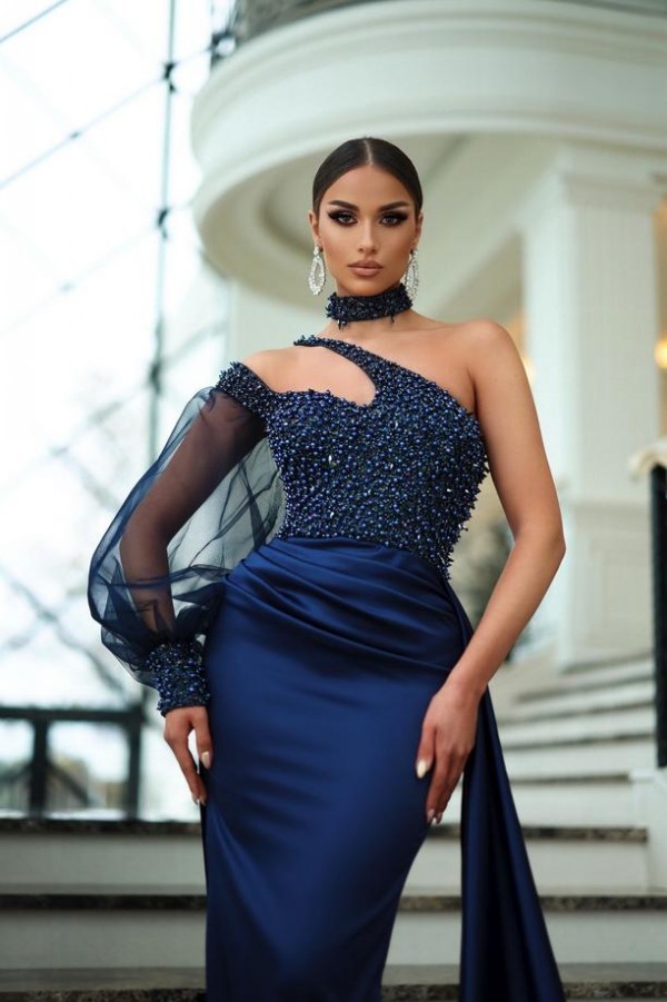 Navy Blau Abendkleider Lang Günstig Spitze Abendmoden Abiballkleider