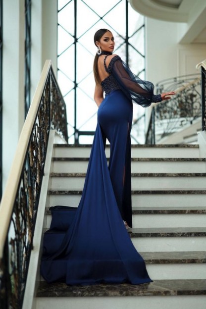 Navy Blau Abendkleider Lang Günstig Spitze Abendmoden Abiballkleider