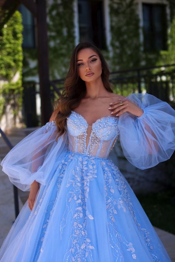 Vintage Abendkleider Lang Blau Prinzessin Ballkleider mit Glitzer