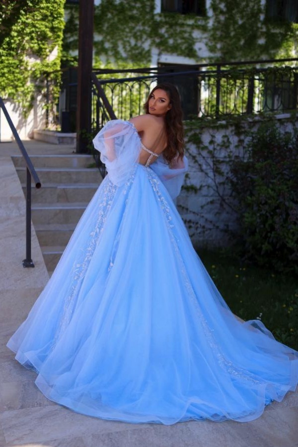 Vintage Abendkleider Lang Blau Prinzessin Ballkleider mit Glitzer