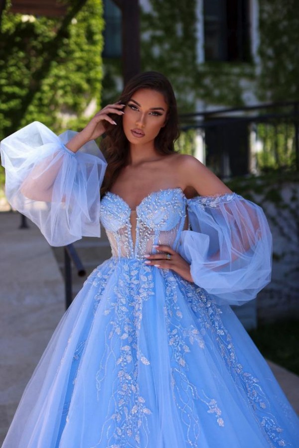 Vintage Abendkleider Lang Blau Prinzessin Ballkleider mit Glitzer