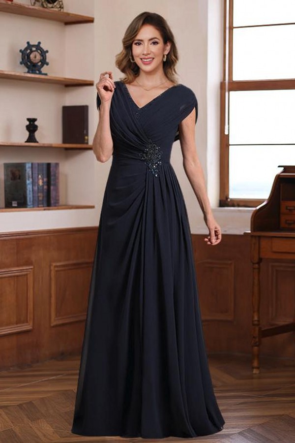 Navy Blau Brautmutterkleider Lang Chiffon Abendkleid V Ausschnitt