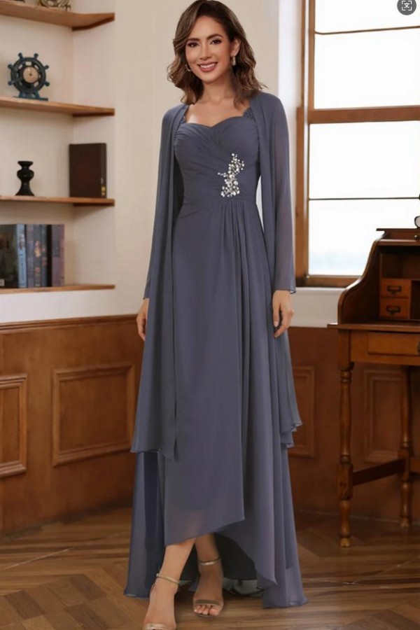 Graue Brautmutterkleider Lang Chiffon Mit Ärmel Hochzeitsgäste Kleider