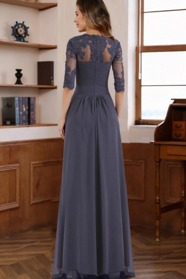 Graue Brautmutterkleider Lang Chiffon Mit Ärmel Hochzeitsgäste Kleider