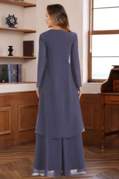 Graue Brautmutterkleider Lang Chiffon Mit Ärmel Hochzeitsgäste Kleider