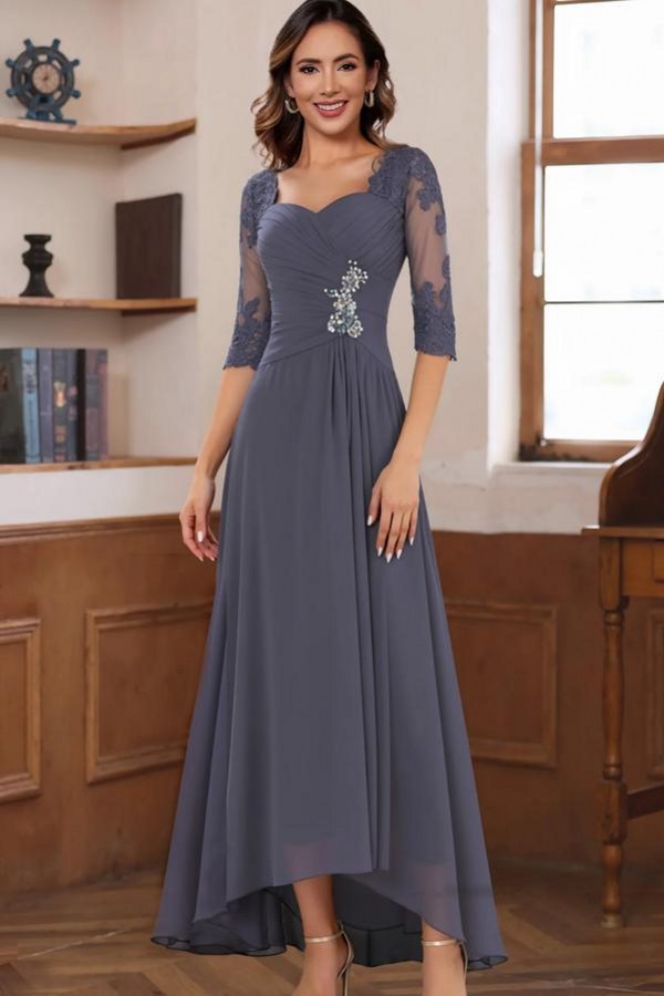 Graue Brautmutterkleider Lang Chiffon Mit Ärmel Hochzeitsgäste Kleider