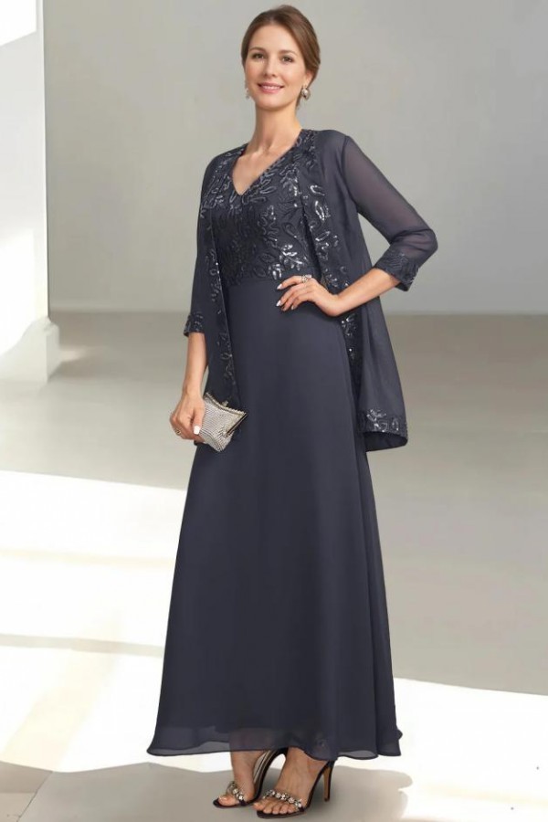 Graue Brautmutterkleider Lang Chiffon Mit Jacke Kleider Hochzeitsgäste