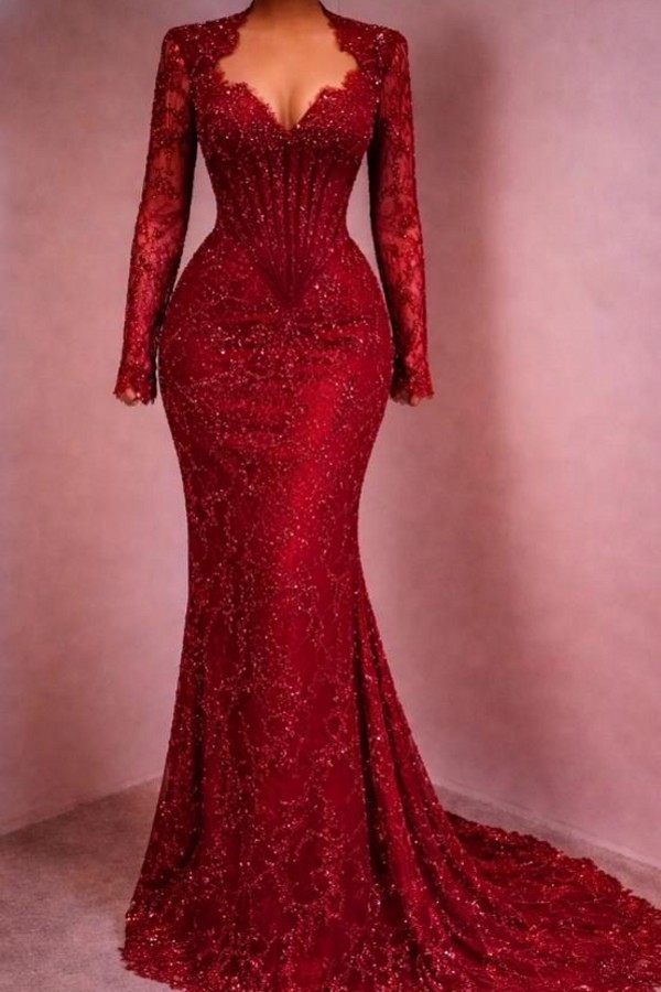 Designer Abendkleid Lang Weinrot Ballkleid Spitze Mit Ärmel