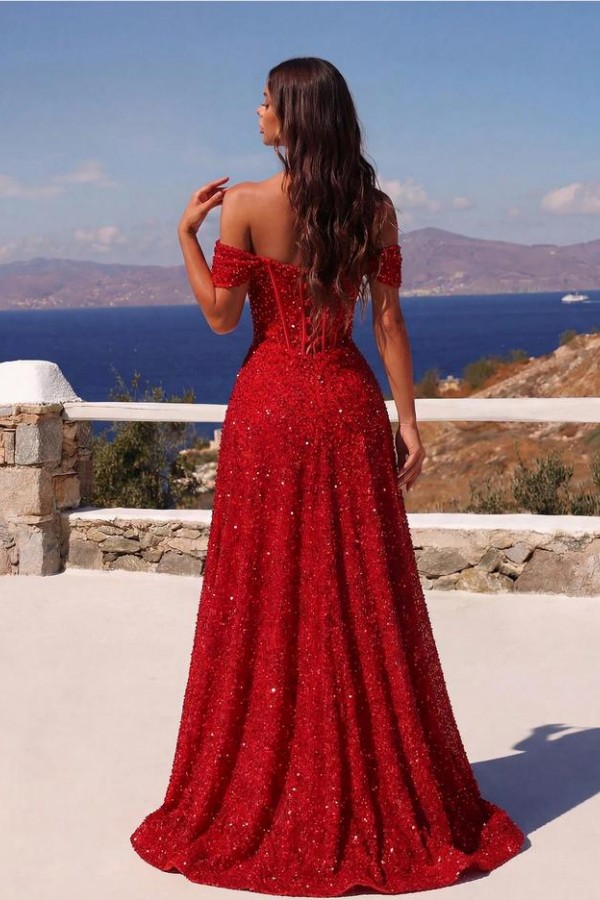 Neue Abendkleider Lang Rot | Abiballkleider mit Glitzer