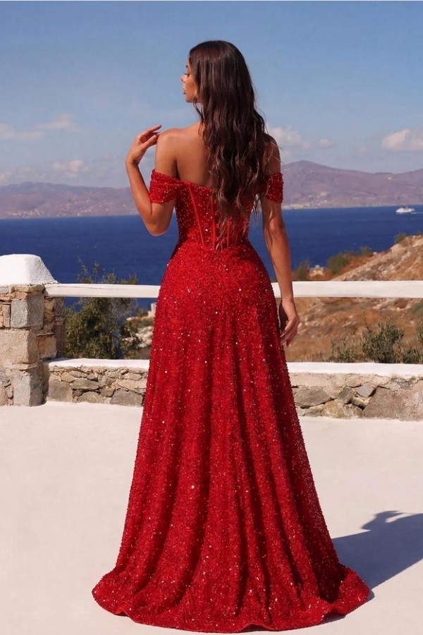 Neue Abendkleider Lang Rot | Abiballkleider mit Glitzer