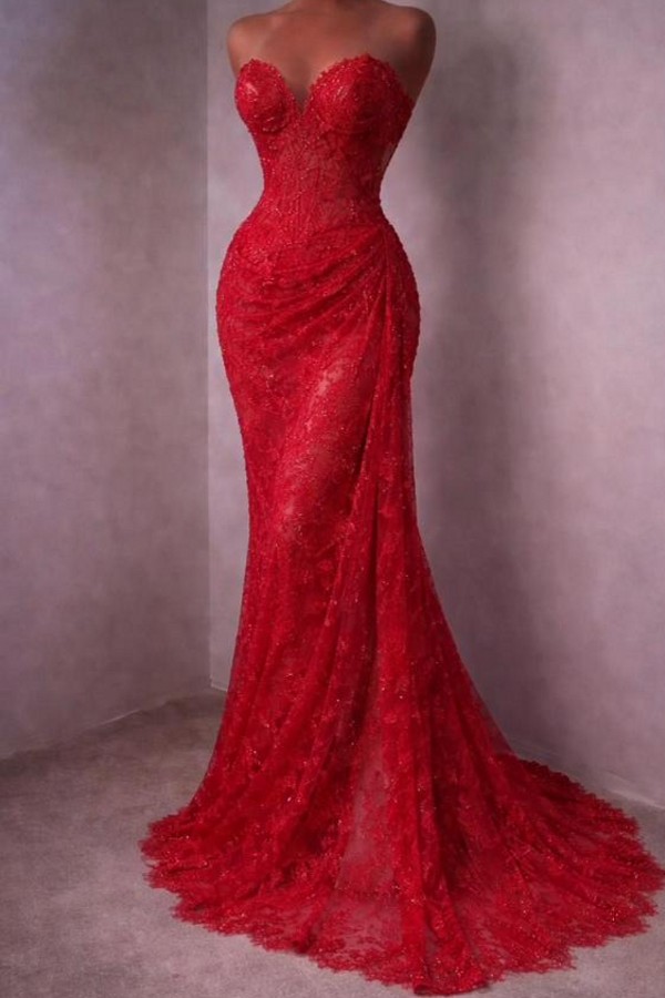 Rotes Abendkleid Lang Schlicht Spitze Ballkleider Günstig