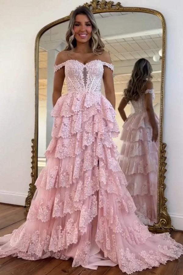 Rosa Ballkleider Lang Spitze A Linie Abendkleider Abiballkleid