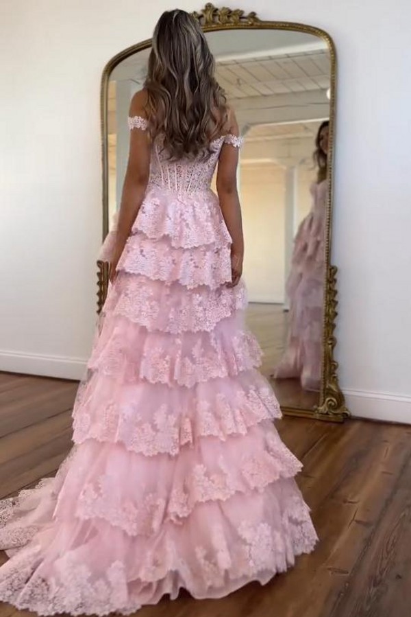 Rosa Ballkleider Lang Spitze A Linie Abendkleider Abiballkleid