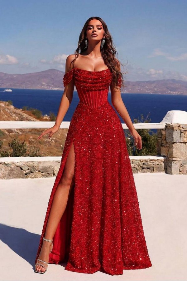 Neue Abendkleider Lang Rot | Abiballkleider mit Glitzer