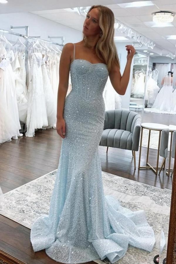 Elegante Abendkleider Lang Himmel Blau Ballkleid Abiballkleid Glitzer