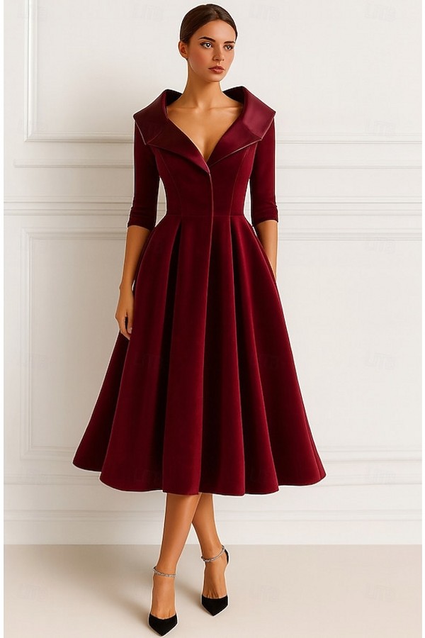 Weinrot Brautmutterkleider Kurz Velvet Hochzeitspartykleid mit Ärmel