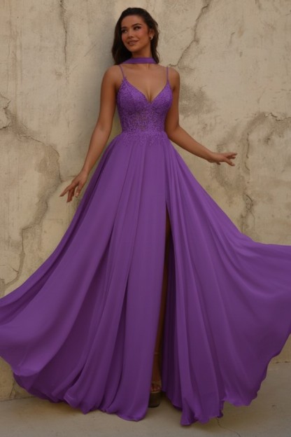 Neue Chiffon Ballkleid Lang Gelb Abendkleider mit Spitze